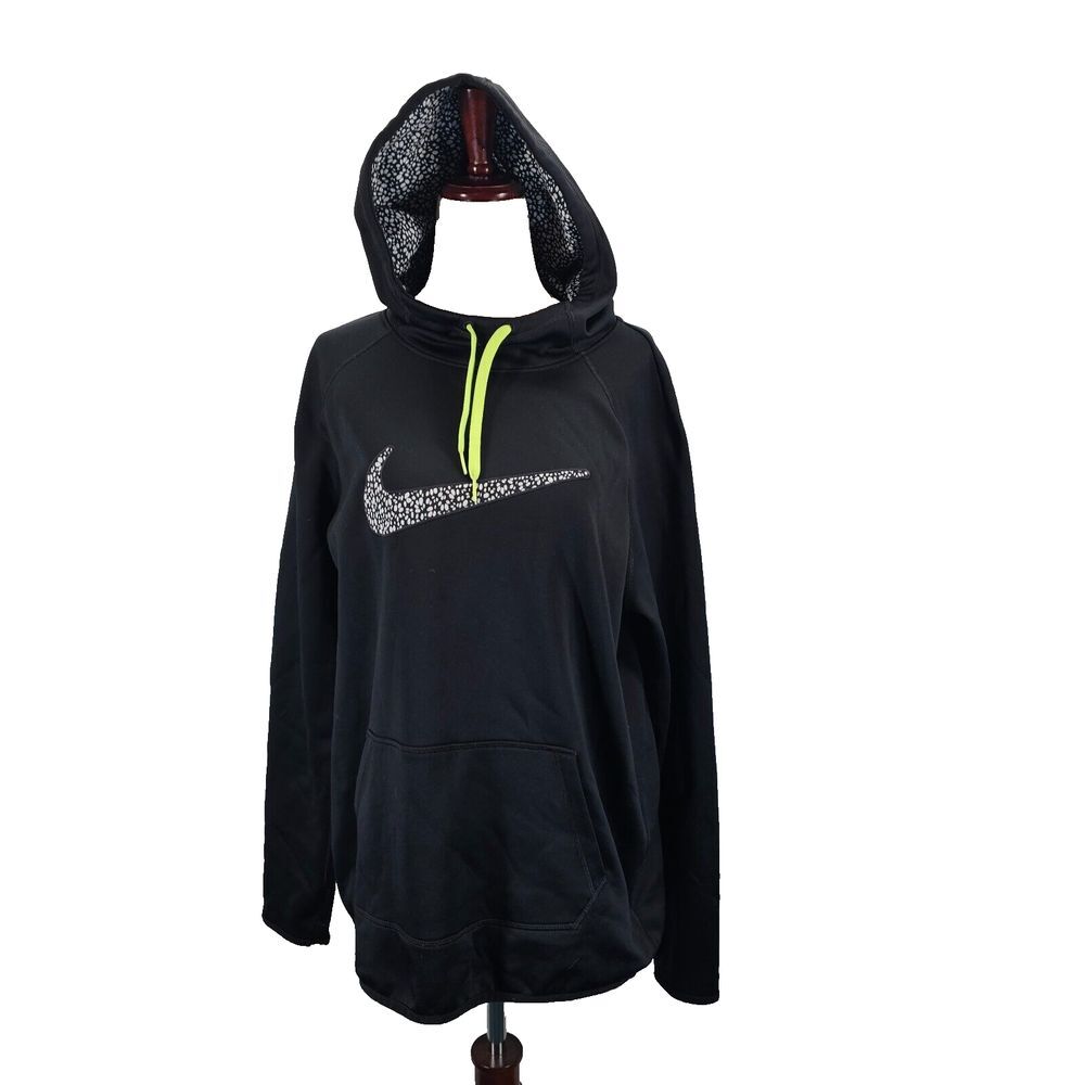 Nike Therma Fit Hoodie Womens Size L Black Embroidered Neon Swoosh Polka Dot EUC